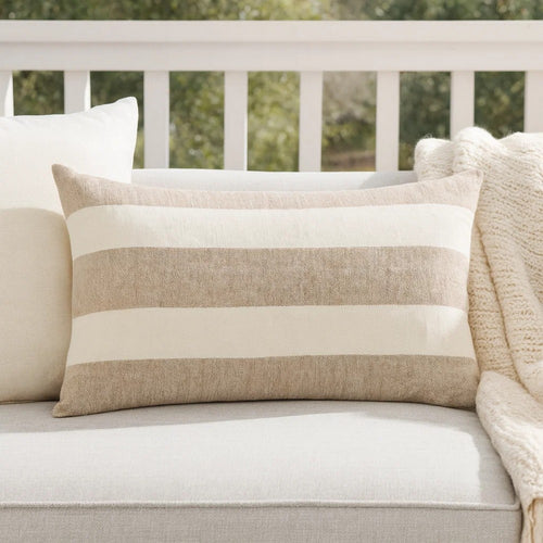 Lumbar Throw Pillow, 14x26 Inch Horizontal Stripes, White, Brown Linen