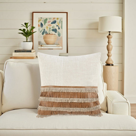 Accent Throw Pillow, Cotton Jute and Leather Fringe, 20 Inch Square