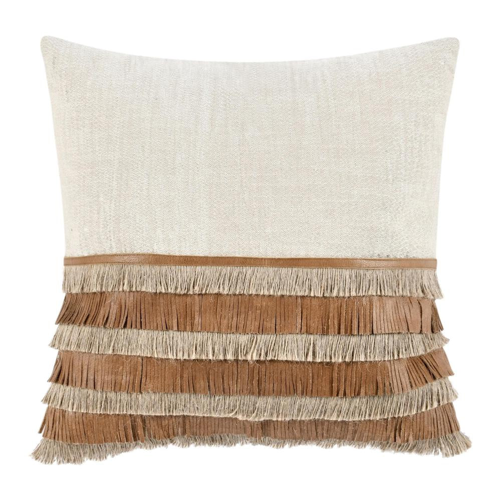 Accent Throw Pillow, Cotton Jute and Leather Fringe, 20 Inch Square