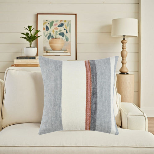 Throw Pillow, Coastal Modern Striped Pattern, 22 Inch Blue Flax Linen