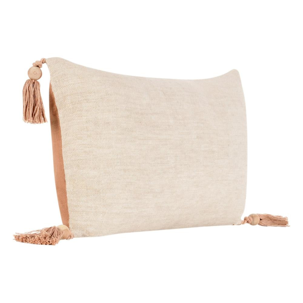 Chia Lumbar Throw Pillow 14x26in Wood Bead Tassels Light Brown Linen