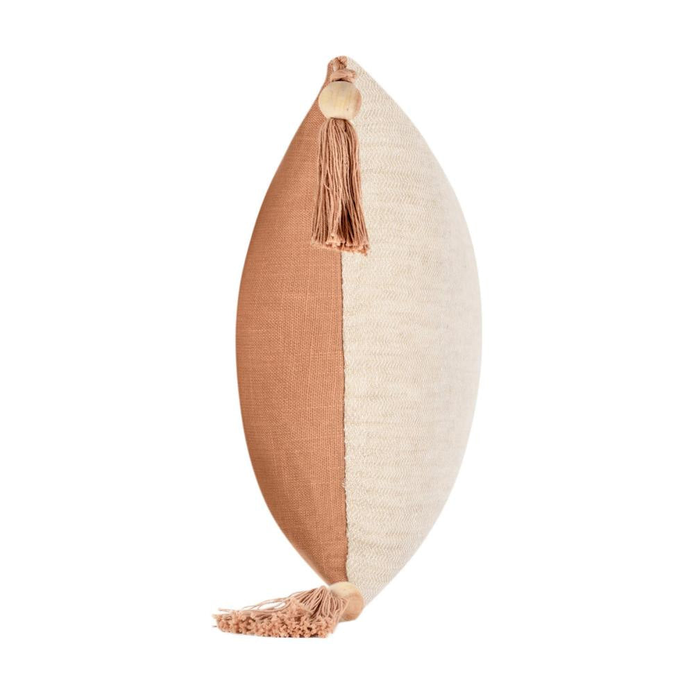 Chia Lumbar Throw Pillow 14x26in Wood Bead Tassels Light Brown Linen