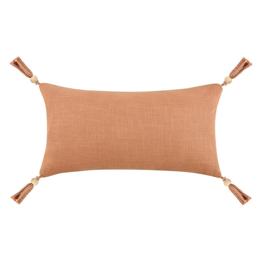 Chia Lumbar Throw Pillow 14x26in Wood Bead Tassels Light Brown Linen