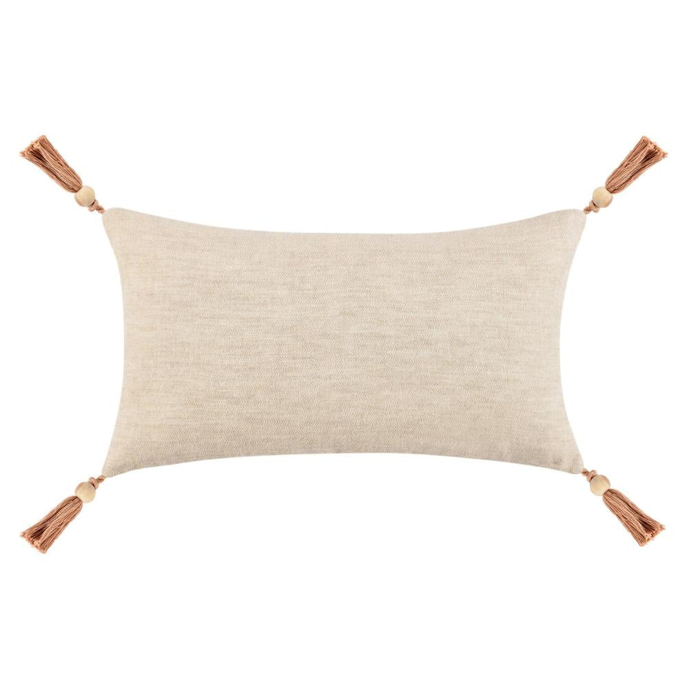 Chia Lumbar Throw Pillow, 14x26in Wood Bead Tassels, Light Brown Linen