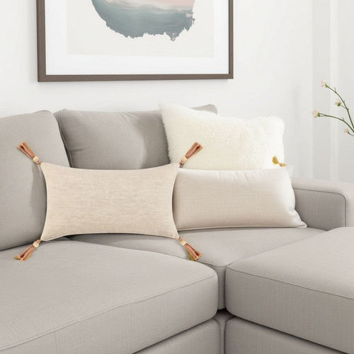 Chia Lumbar Throw Pillow, 14x26in Wood Bead Tassels, Light Brown Linen