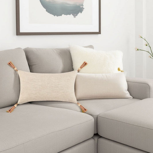 Chia Lumbar Throw Pillow, 14x26in Wood Bead Tassels, Light Brown Linen