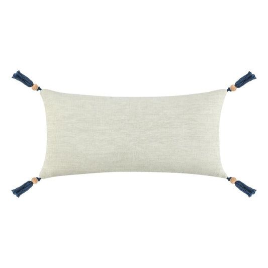 Chia Lumbar Throw Pillow, 16x36in Wood Bead Tassels, Light Gray Linen