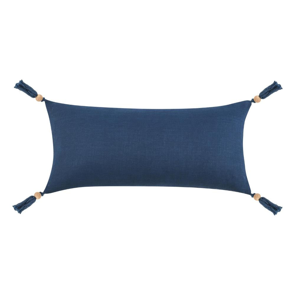 Chia Lumbar Throw Pillow 16x36in Wood Bead Tassels Light Gray Linen