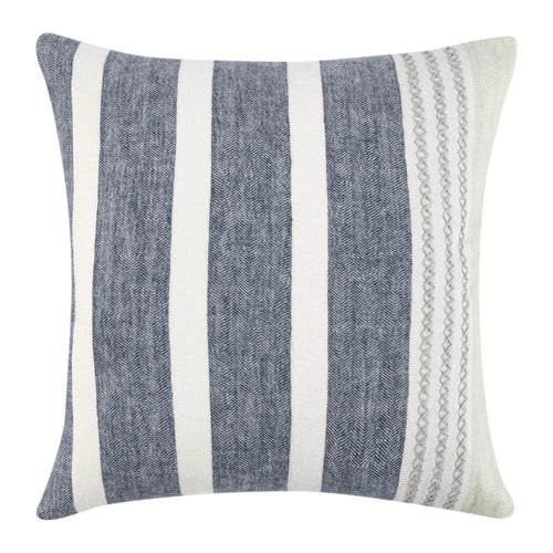 Chia Throw Pillow, 22 Inch Blue White Coastal Striped Linen Pattern