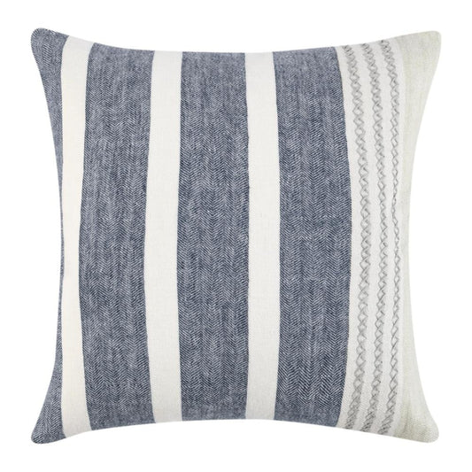 Chia Throw Pillow, 22 Inch Blue White Coastal Striped Linen Pattern
