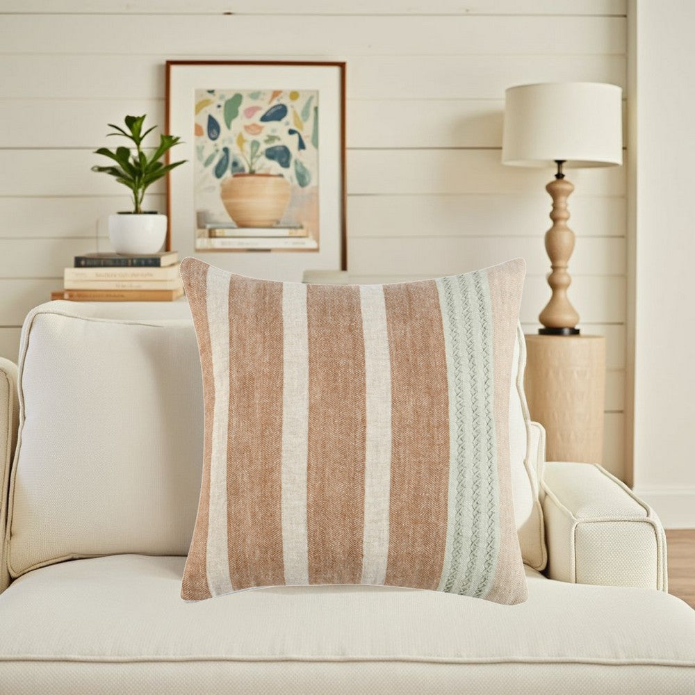 Chia Throw Pillow, 22 Inch Brown White Coastal Striped Linen Pattern