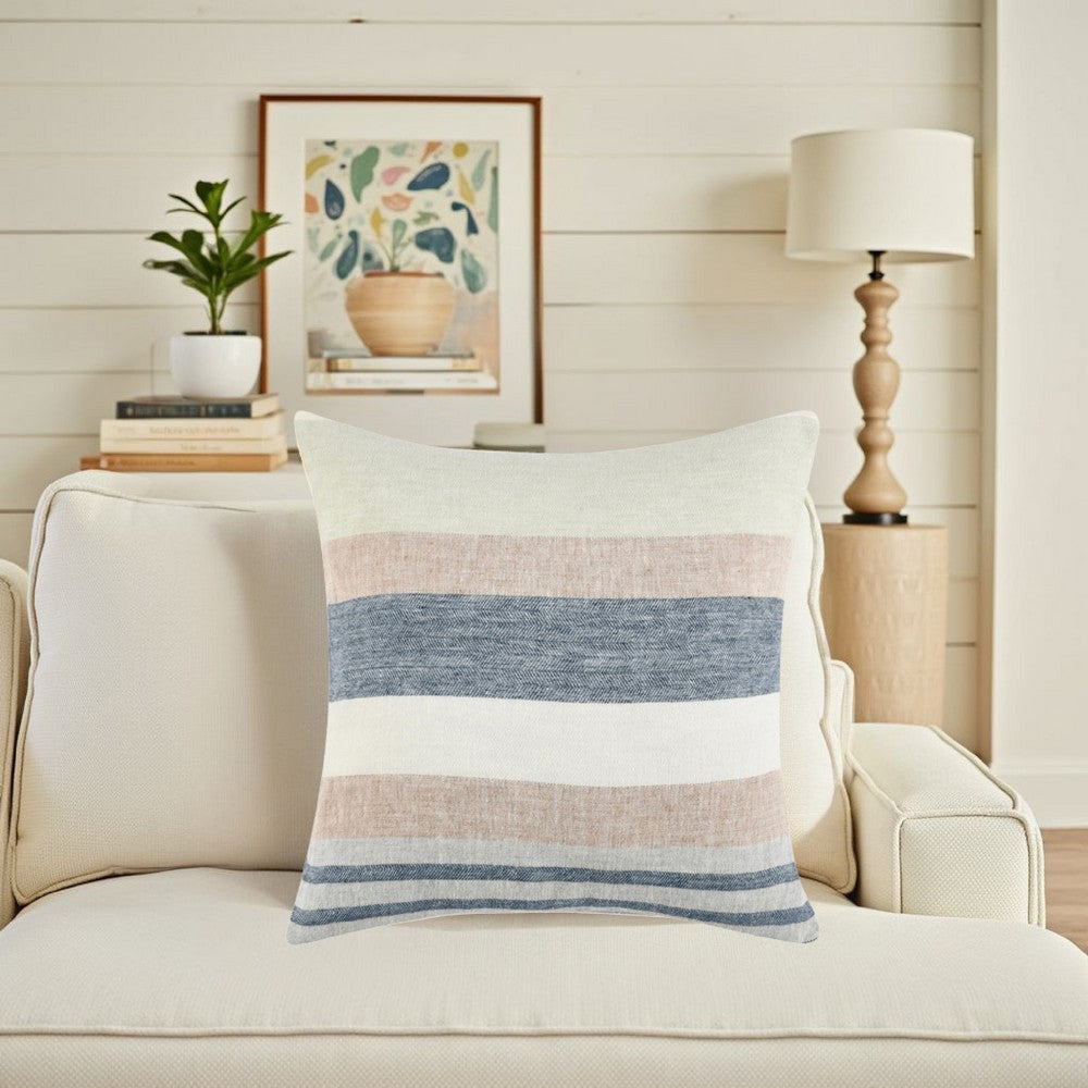 Diu Throw Pillow 22 Inch Woven Linen Coastal Striped White Gray Blue BM331589