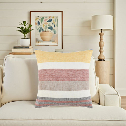 Diu Throw Pillow, 22 Inch Woven Linen, Coastal Striped Red Gray Yellow