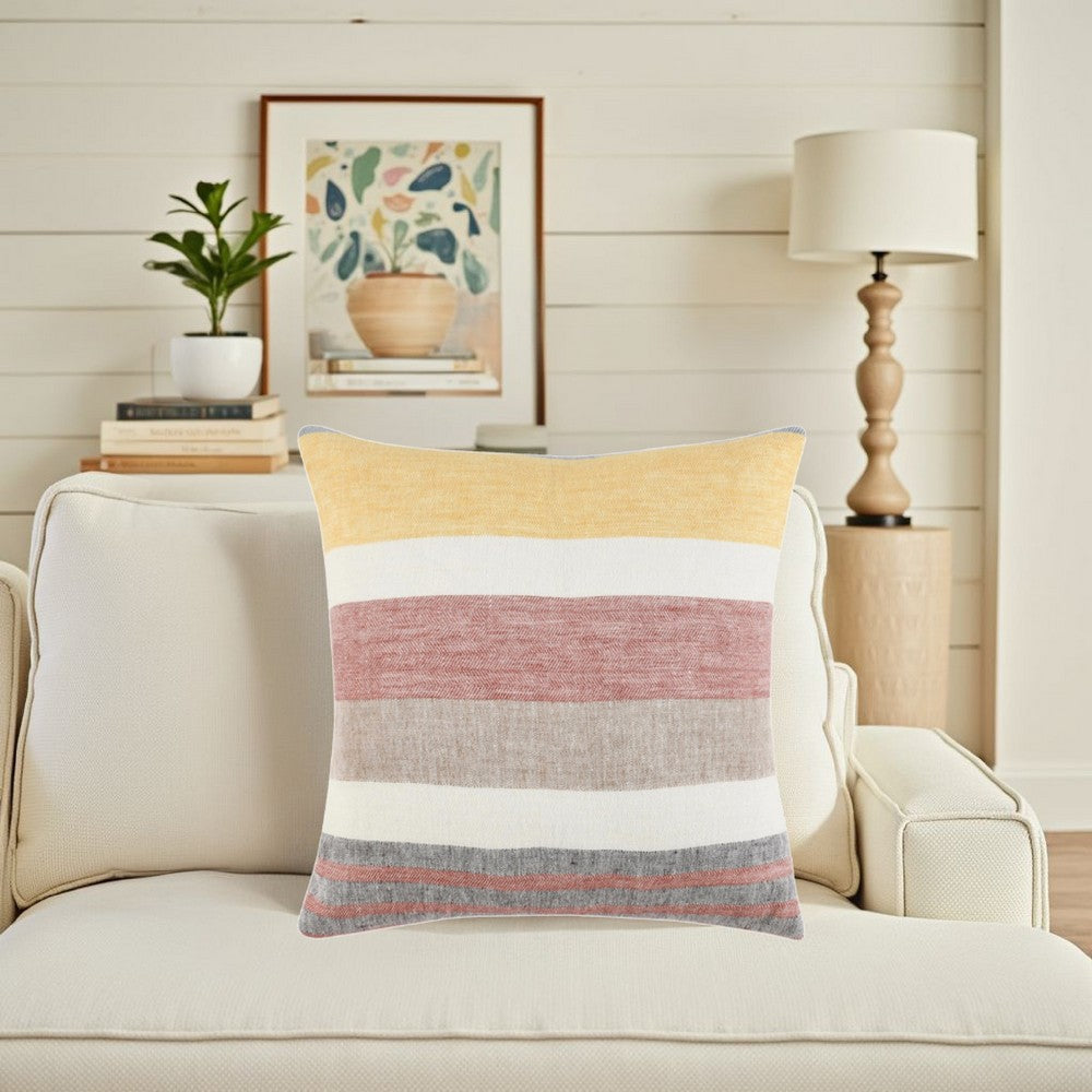 Diu Throw Pillow, 22 Inch Woven Linen, Coastal Striped Red Gray Yellow