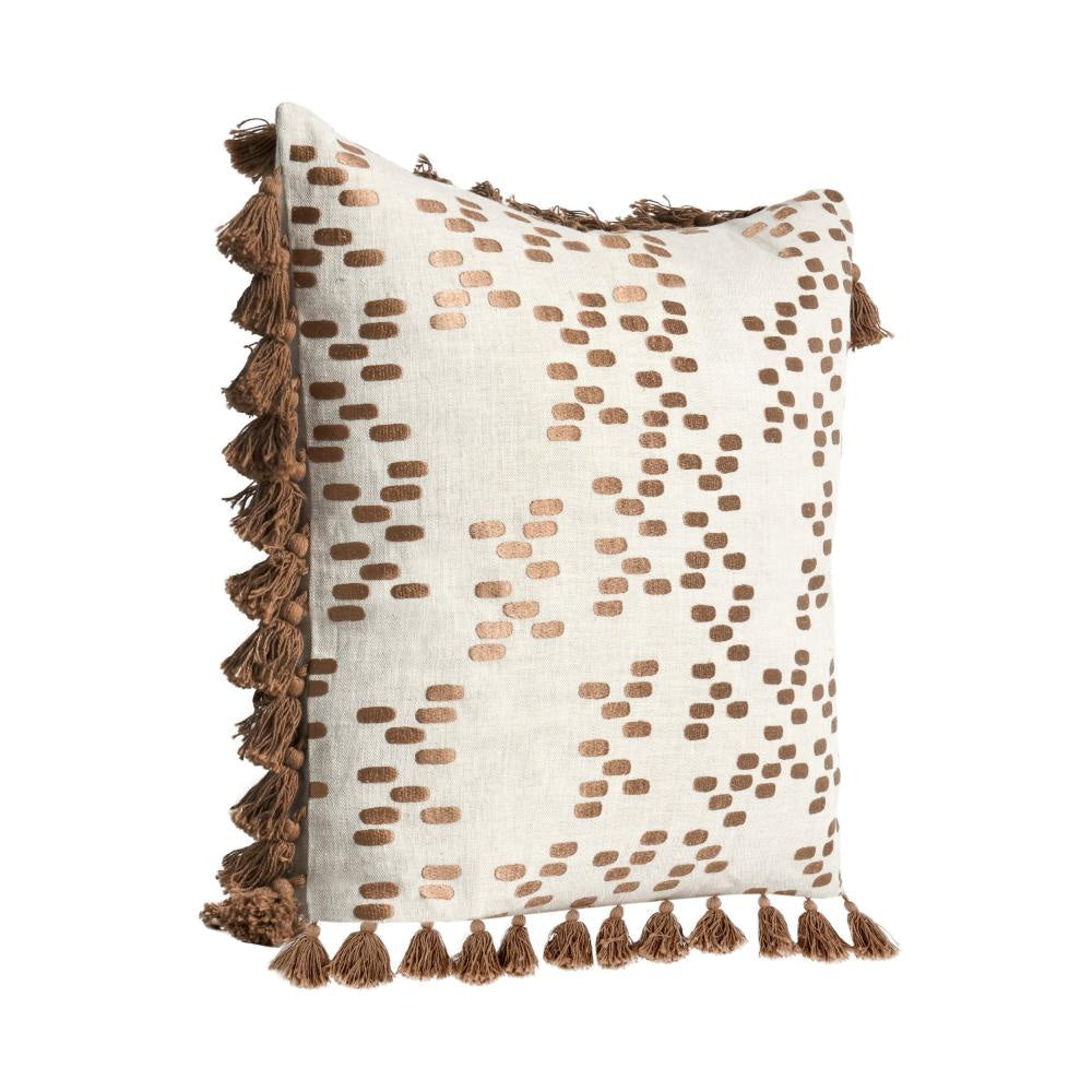 Throw Pillow Ornate Side Tassels Feather 22 Inch Brown Flax Linen BM331593