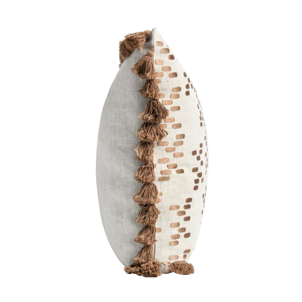 Throw Pillow Ornate Side Tassels Feather 22 Inch Brown Flax Linen BM331593