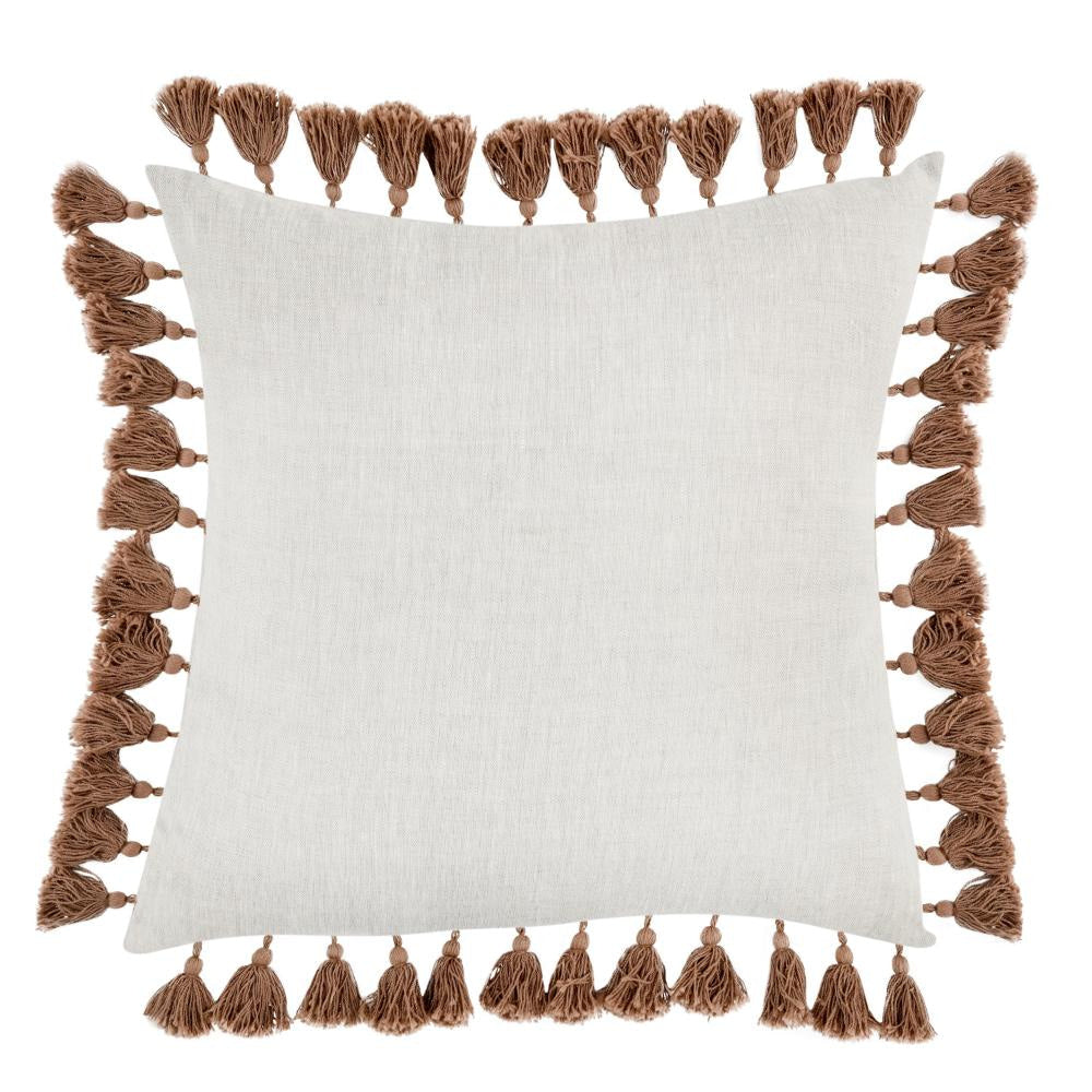 Throw Pillow Ornate Side Tassels Feather 22 Inch Brown Flax Linen BM331593