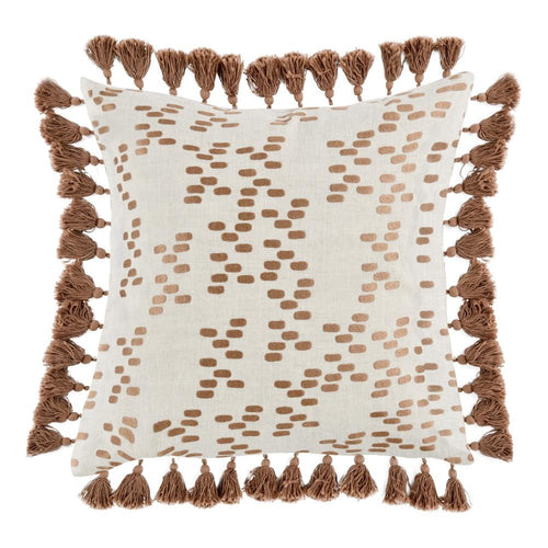 Throw Pillow, Ornate Side Tassels, Feather 22 Inch Brown Flax Linen