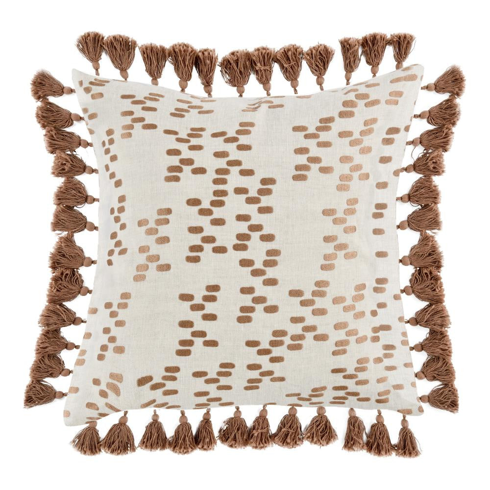 Throw Pillow, Ornate Side Tassels, Feather 22 Inch Brown Flax Linen