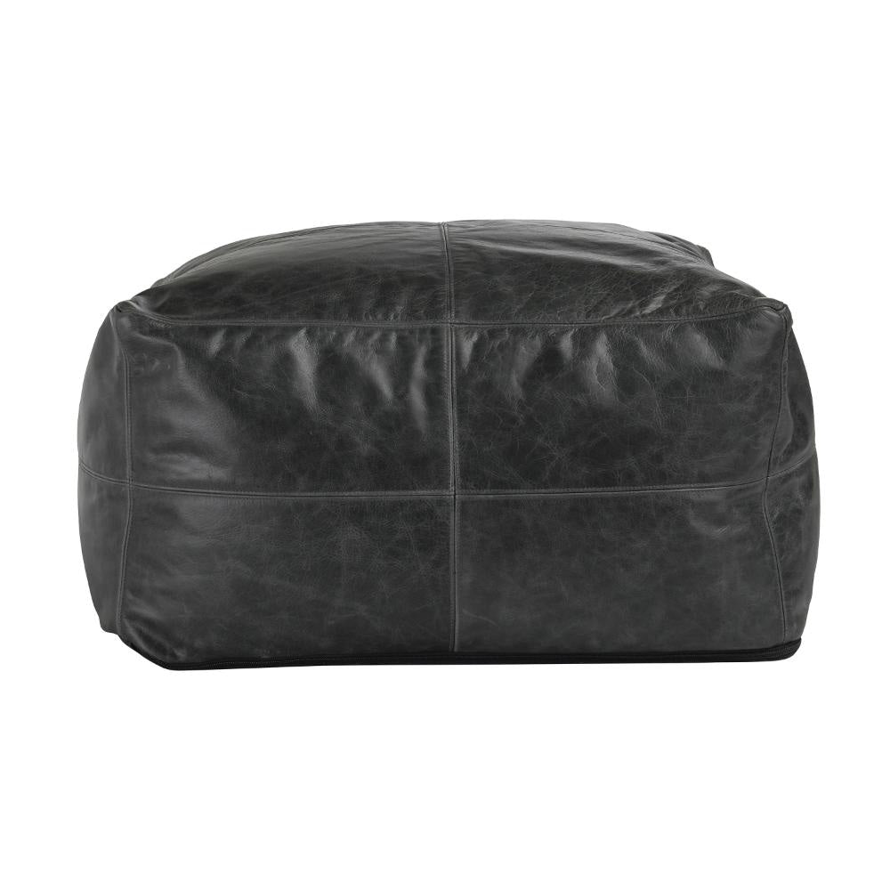 Square Pouf Ottoman 24 Inch Black Real Leather Reversible Design BM331594