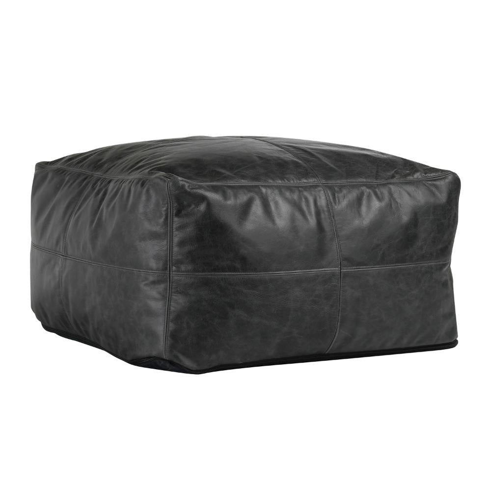 Square Pouf Ottoman, 24 Inch Black Real Leather, Reversible Design