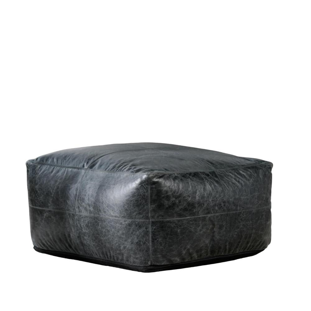 Square Pouf Ottoman 24 Inch Black Real Leather Reversible Design BM331594