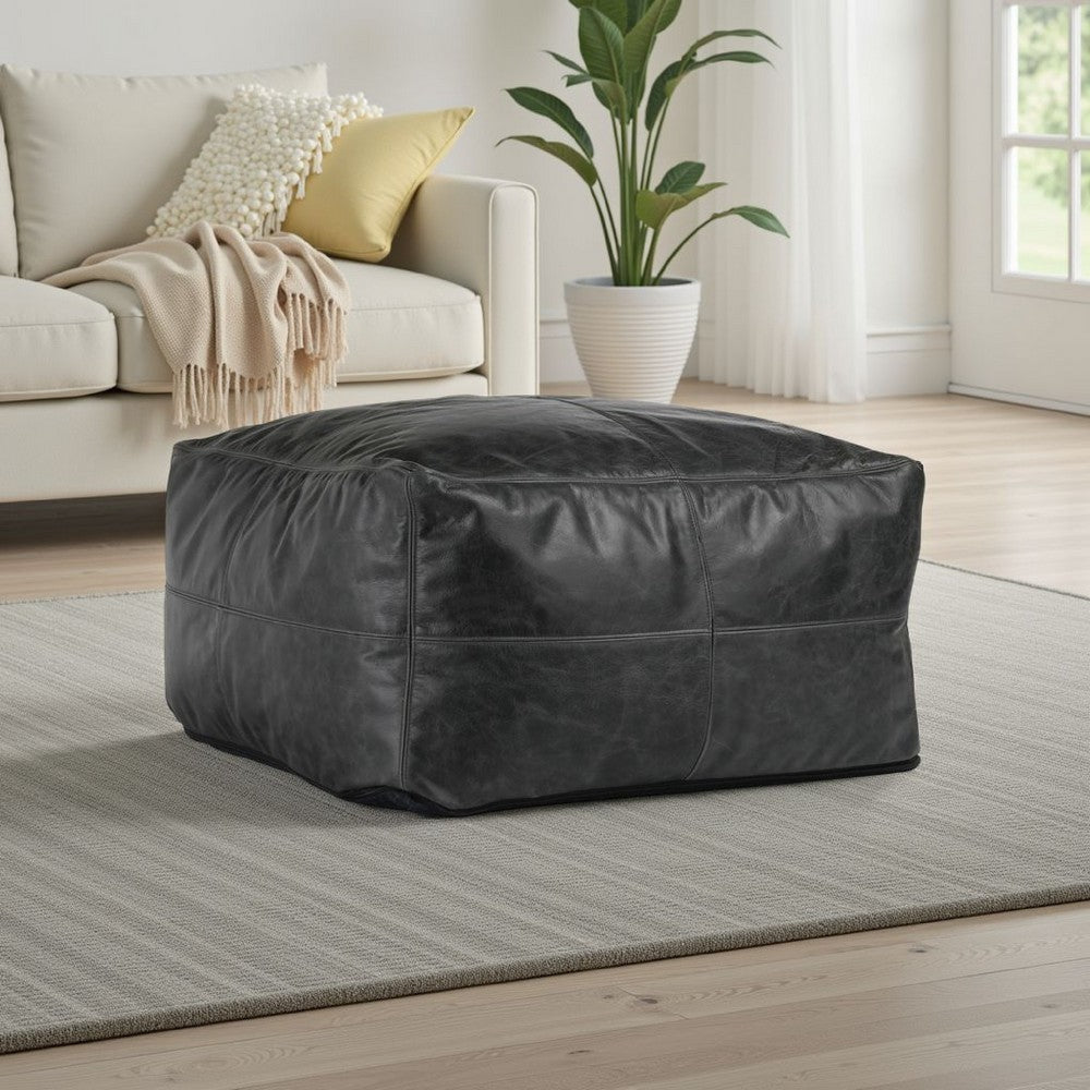 Square Pouf Ottoman 24 Inch Black Real Leather Reversible Design BM331594