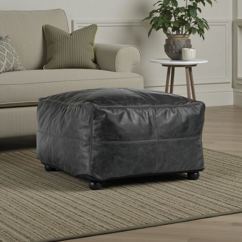 Square Pouf Ottoman, 24 Inch Black Real Leather, Reversible Design