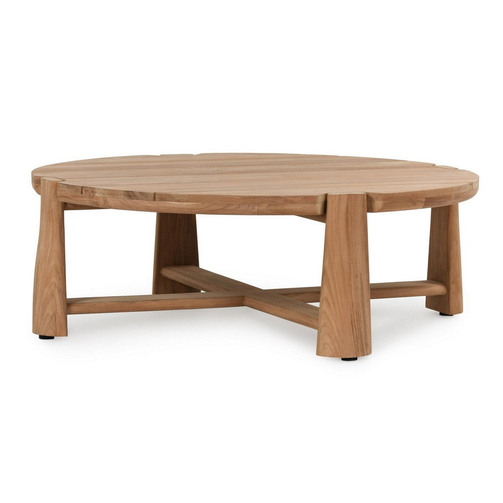 Lior Outdoor Coffee Table, Round Plank Top, Natural Brown Wood 48 Inch