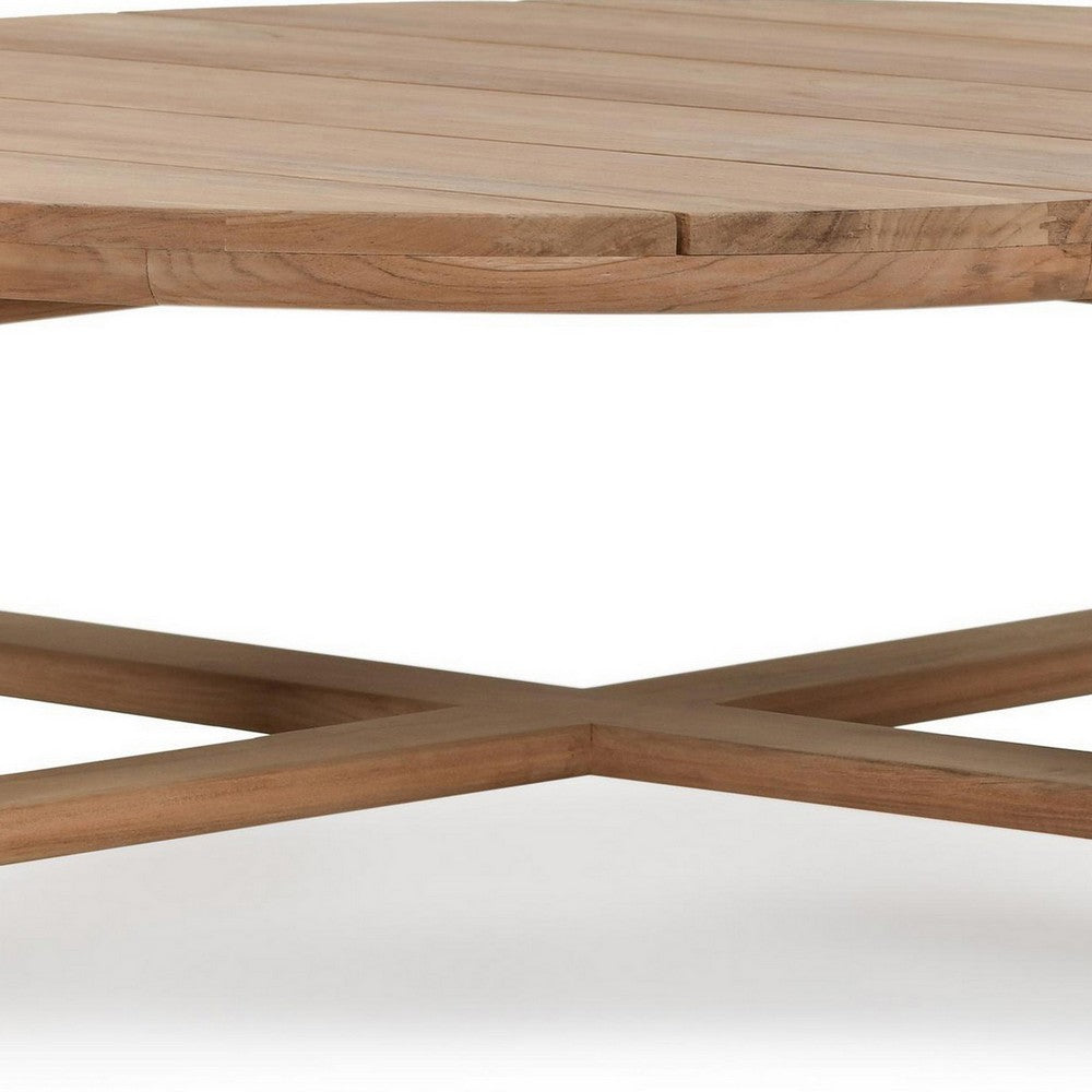 Lior Outdoor Coffee Table, Round Plank Top, Natural Brown Wood 48 Inch