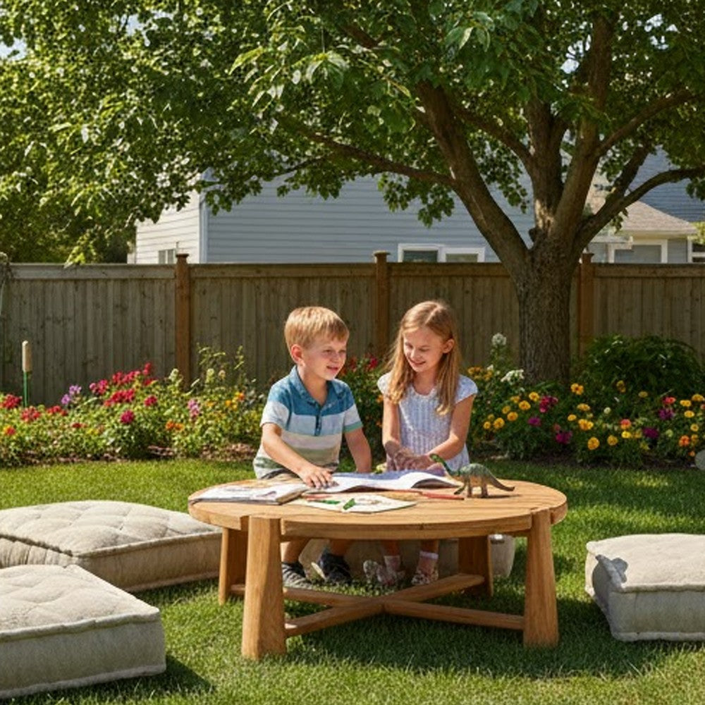 Lior Outdoor Coffee Table, Round Plank Top, Natural Brown Wood 48 Inch