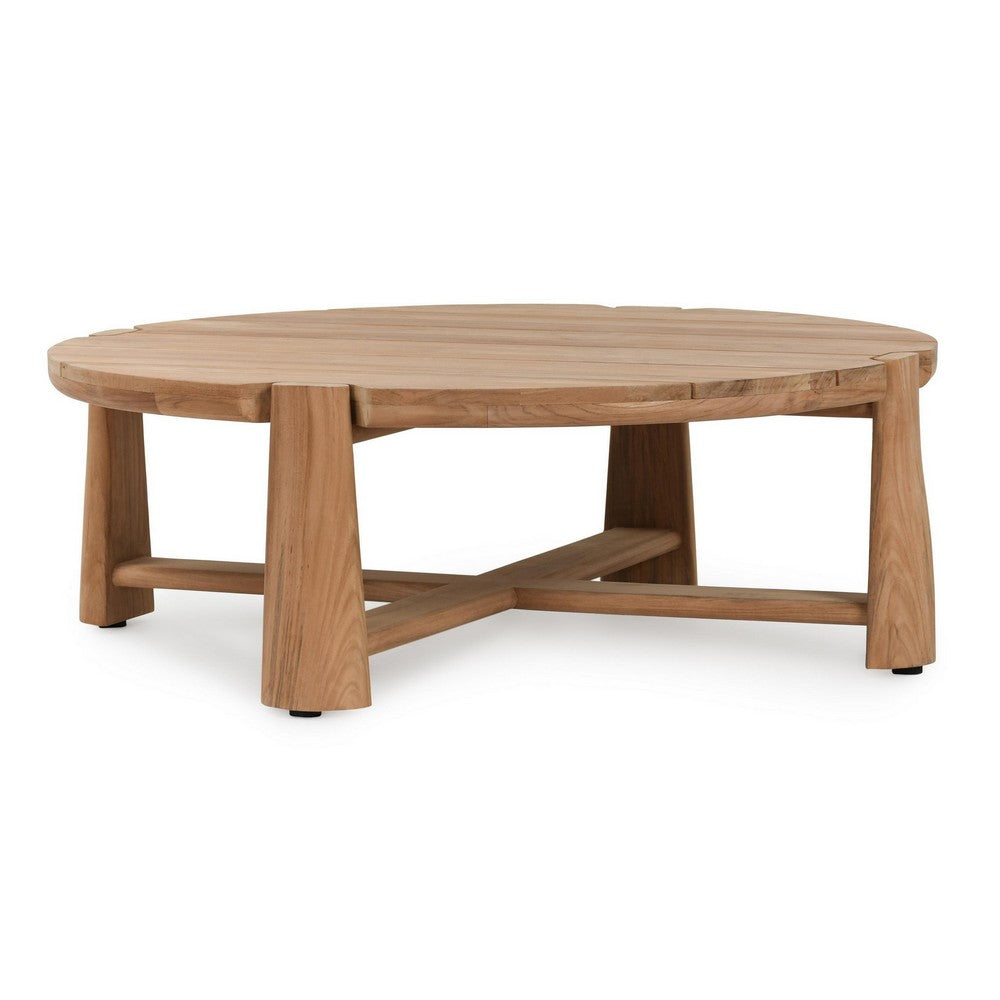 Lior Outdoor Coffee Table, Round Plank Top, Natural Brown Wood 48 Inch