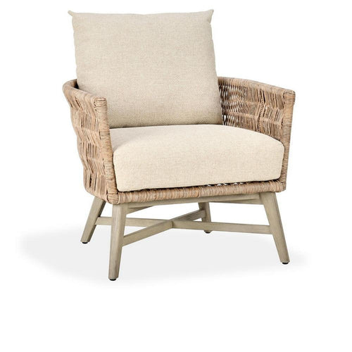 Zari Outdoor Accent Chair, Brown Mahogany Tapered Legs, Beige Olefin