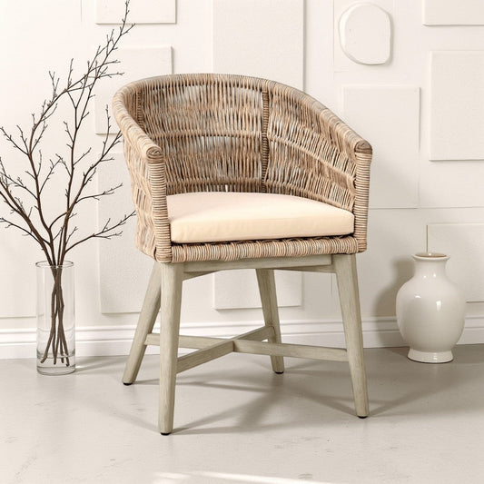 Zari Outdoor Dining Chair, Brown Mahogany Tapered Legs, Beige Olefin