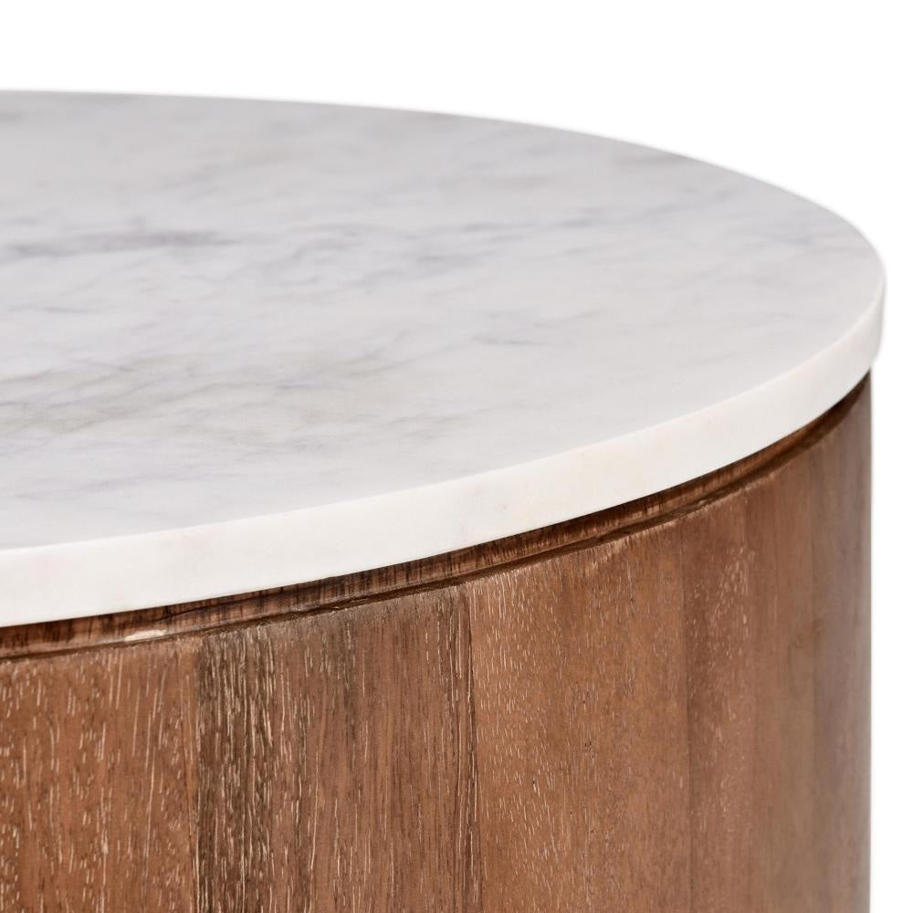 Yari Round Side End Table White Marble Top Brown Mango Wood 22 Inch