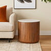 Yari Round Side End Table, White Marble Top, Brown Mango Wood 22 Inch