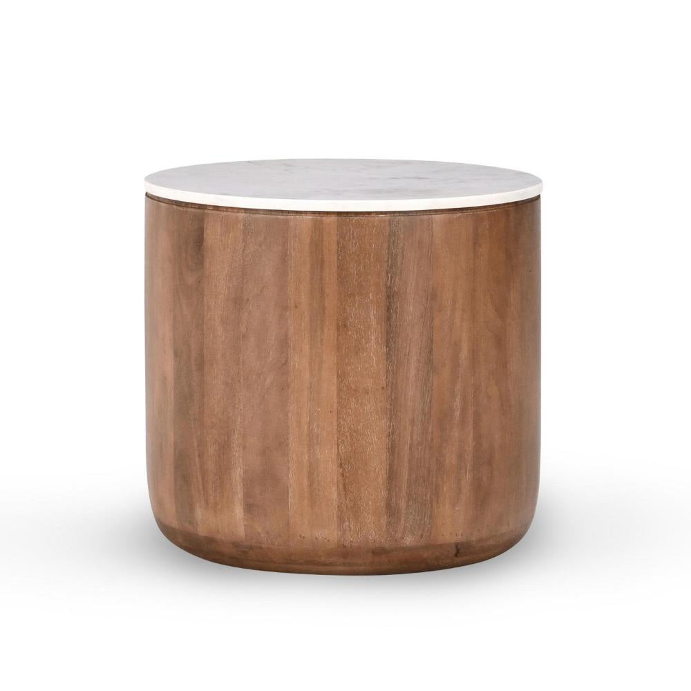 Yari Round Side End Table, White Marble Top, Brown Mango Wood 22 Inch