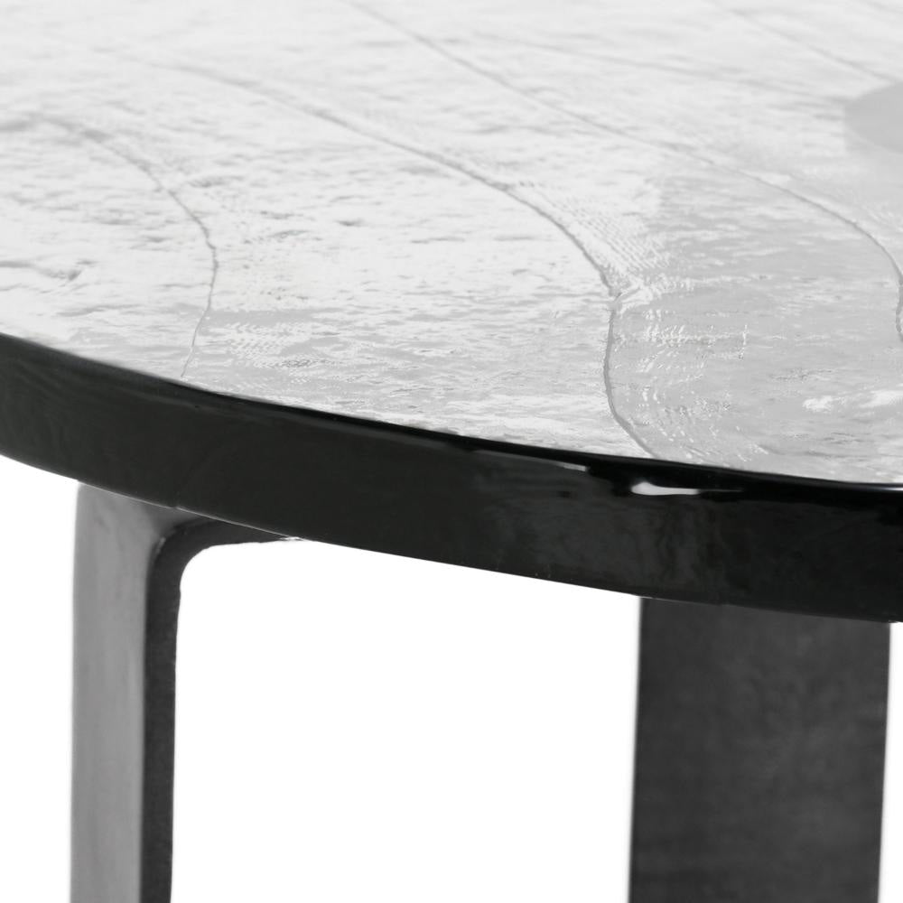 Ryeo Round Coffee Table with Wavy Cast Glass Top Black Iron 28 Inch BM331616
