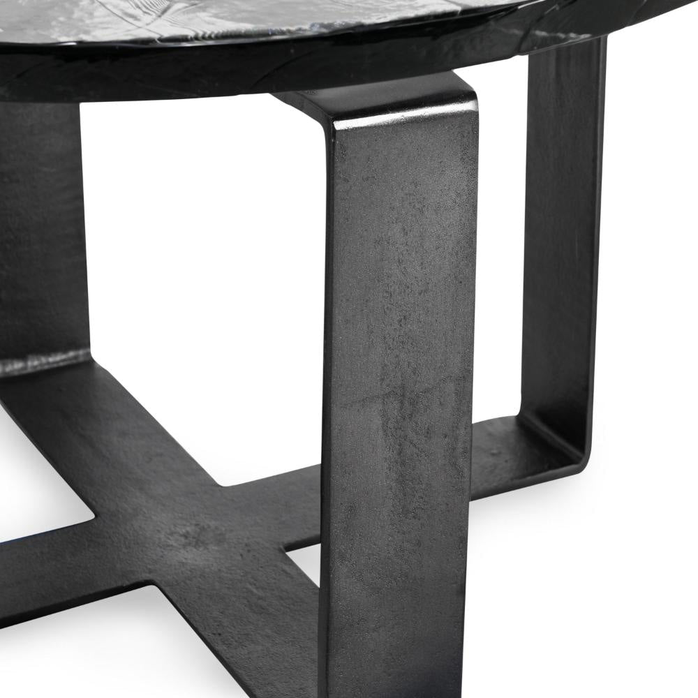 Ryeo Round Coffee Table with Wavy Cast Glass Top Black Iron 28 Inch BM331616
