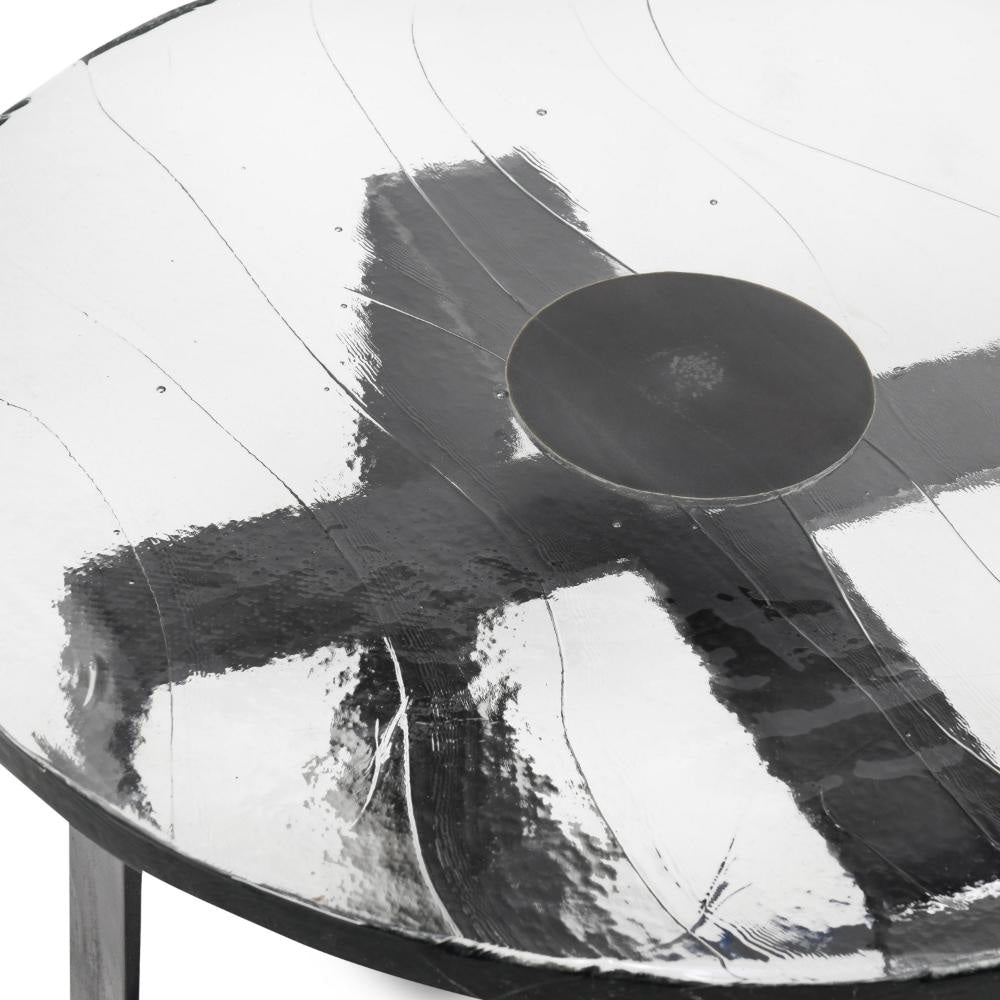 Ryeo Round Coffee Table with Wavy Cast Glass Top Black Iron 28 Inch BM331616