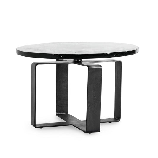 Ryeo Round Coffee Table with Wavy Cast Glass Top, Black Iron 28 Inch