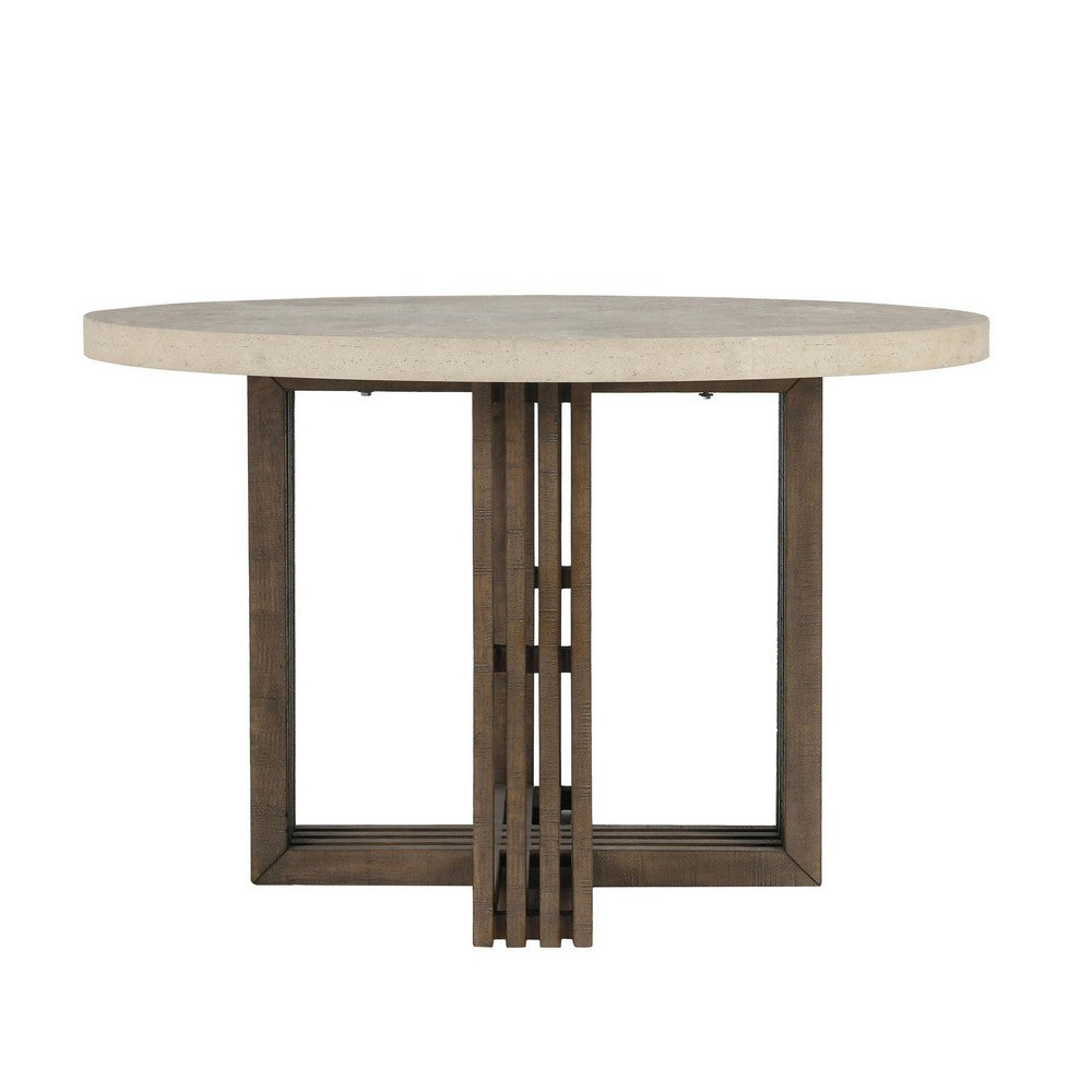 Vahn Dining Table with White Concrete Laminate Top, Pine Wood 47 Inch