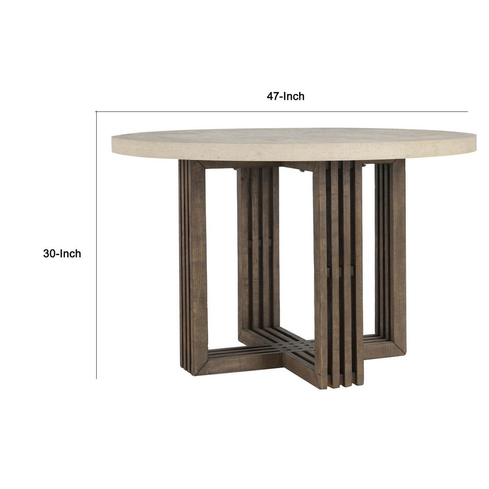Vahn Dining Table with White Concrete Laminate Top, Pine Wood 47 Inch