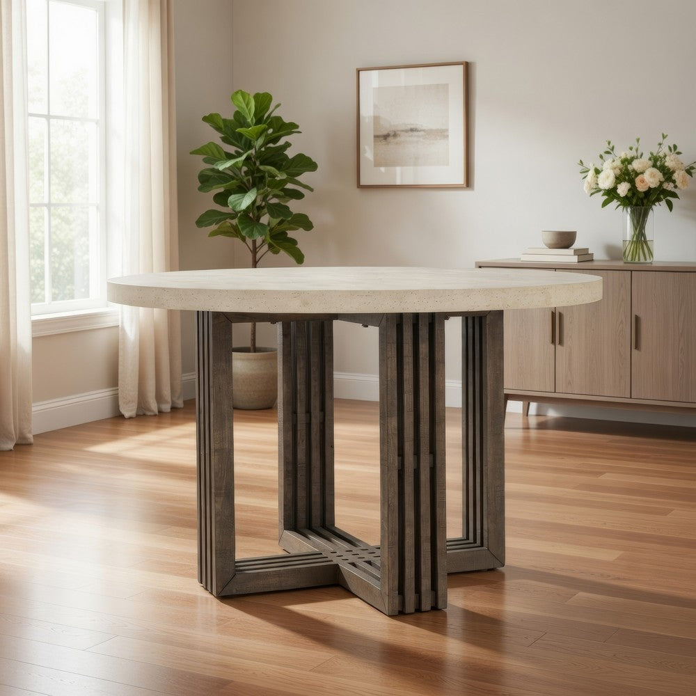 Vahn Dining Table with White Concrete Laminate Top, Pine Wood 47 Inch