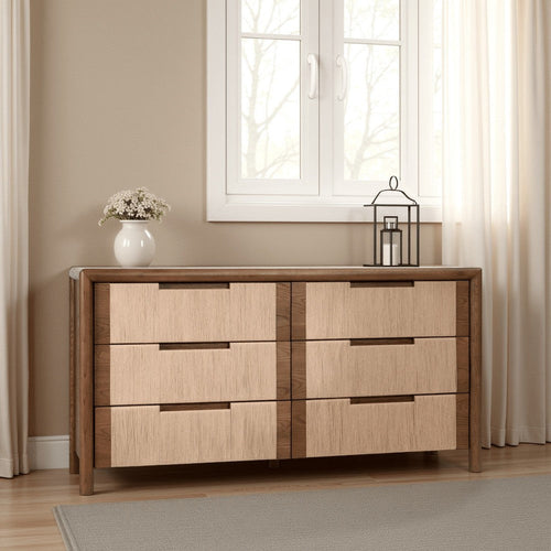 Oryn Wide Dresser Chest, 6 Drawer Retro Design, Dual Brown Oak Wood