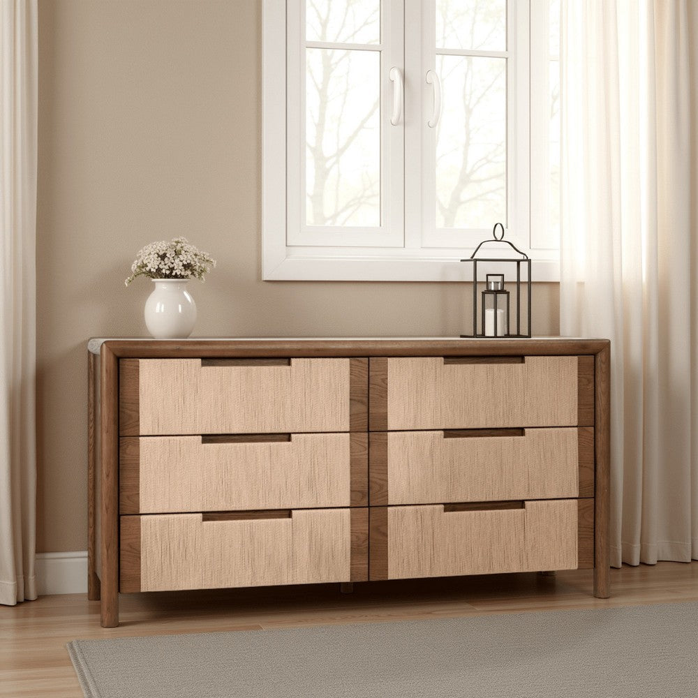 Oryn Wide Dresser Chest, 6 Drawer Retro Design, Dual Brown Oak Wood