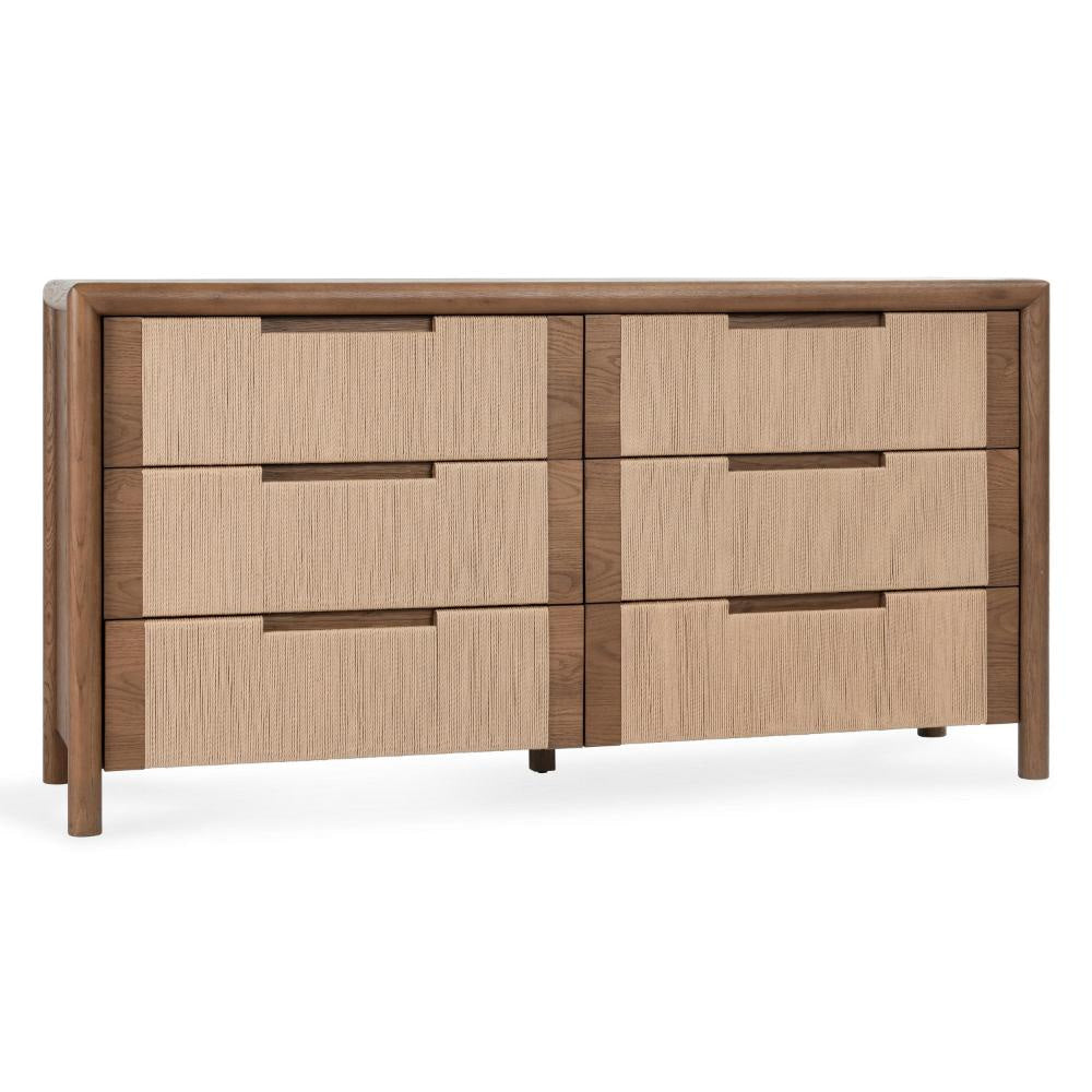 Oryn Wide Dresser Chest, 6 Drawer Retro Design, Dual Brown Oak Wood