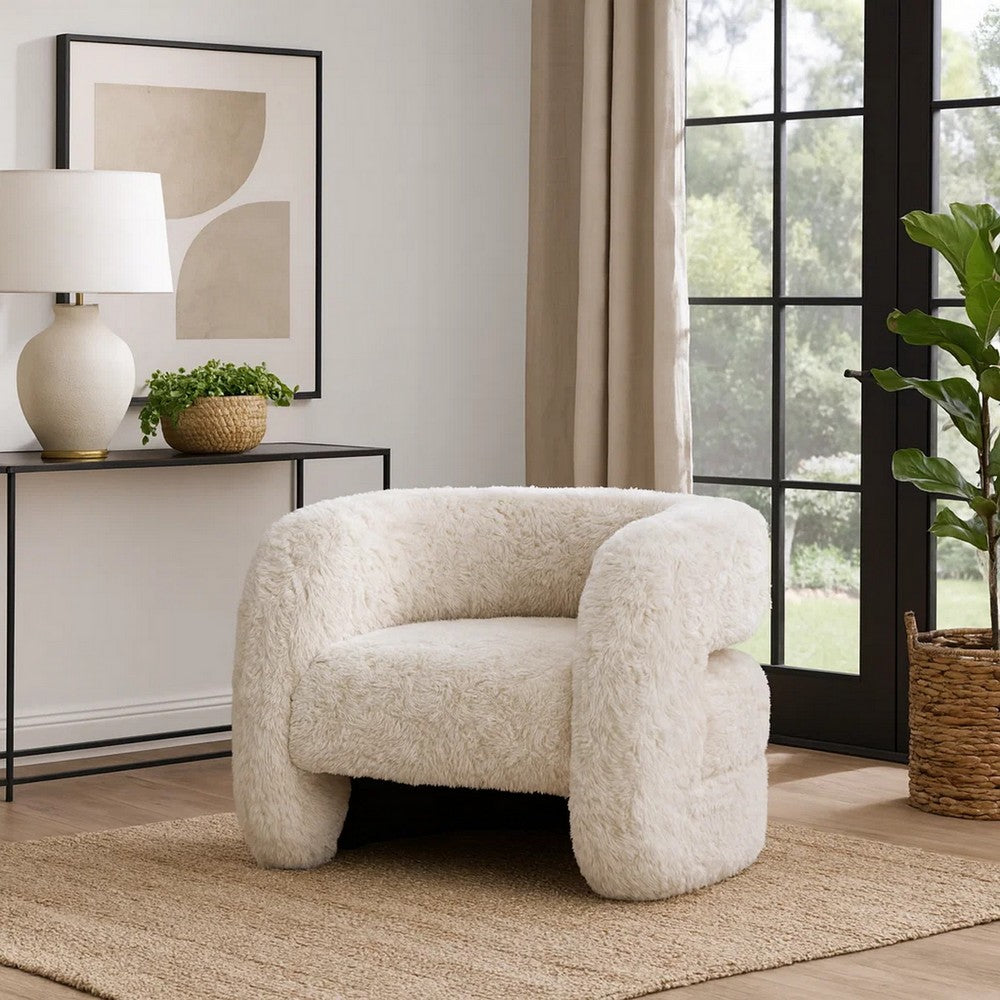 Ciel Accent Chair with Barrel Style Plush Foam Cushion, Beige Faux Fur