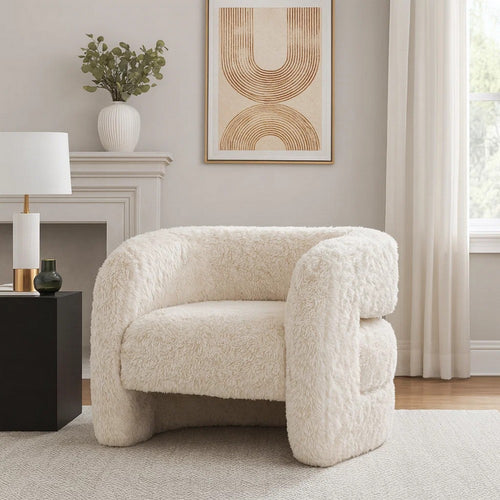 Ciel Accent Chair with Barrel Style Plush Foam Cushion, Beige Faux Fur
