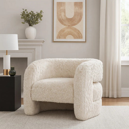 Ciel Accent Chair with Barrel Style Plush Foam Cushion, Beige Faux Fur